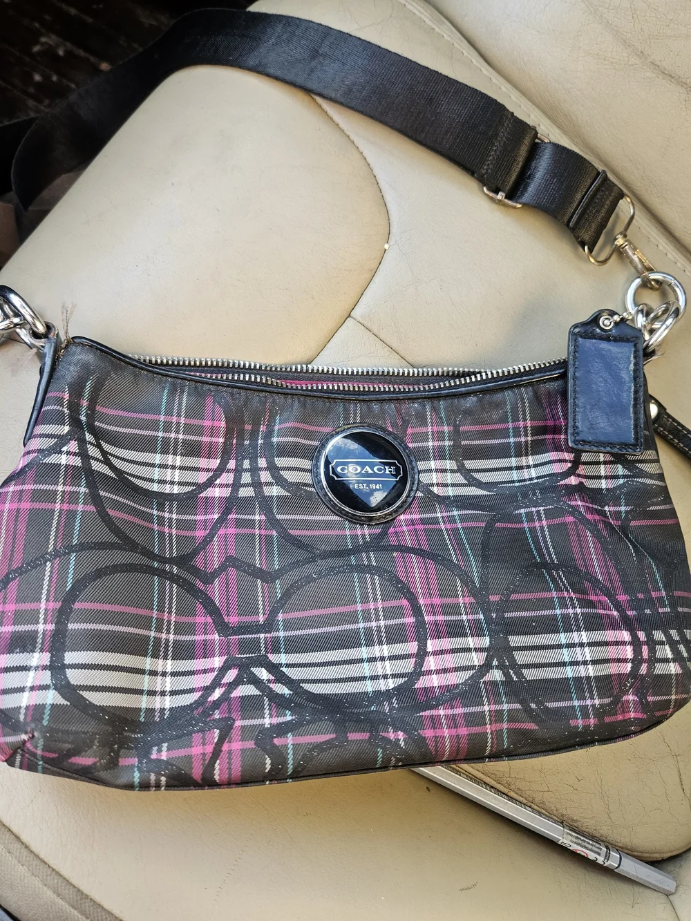 Coach Black and Pink Plaid Signature Crossbody